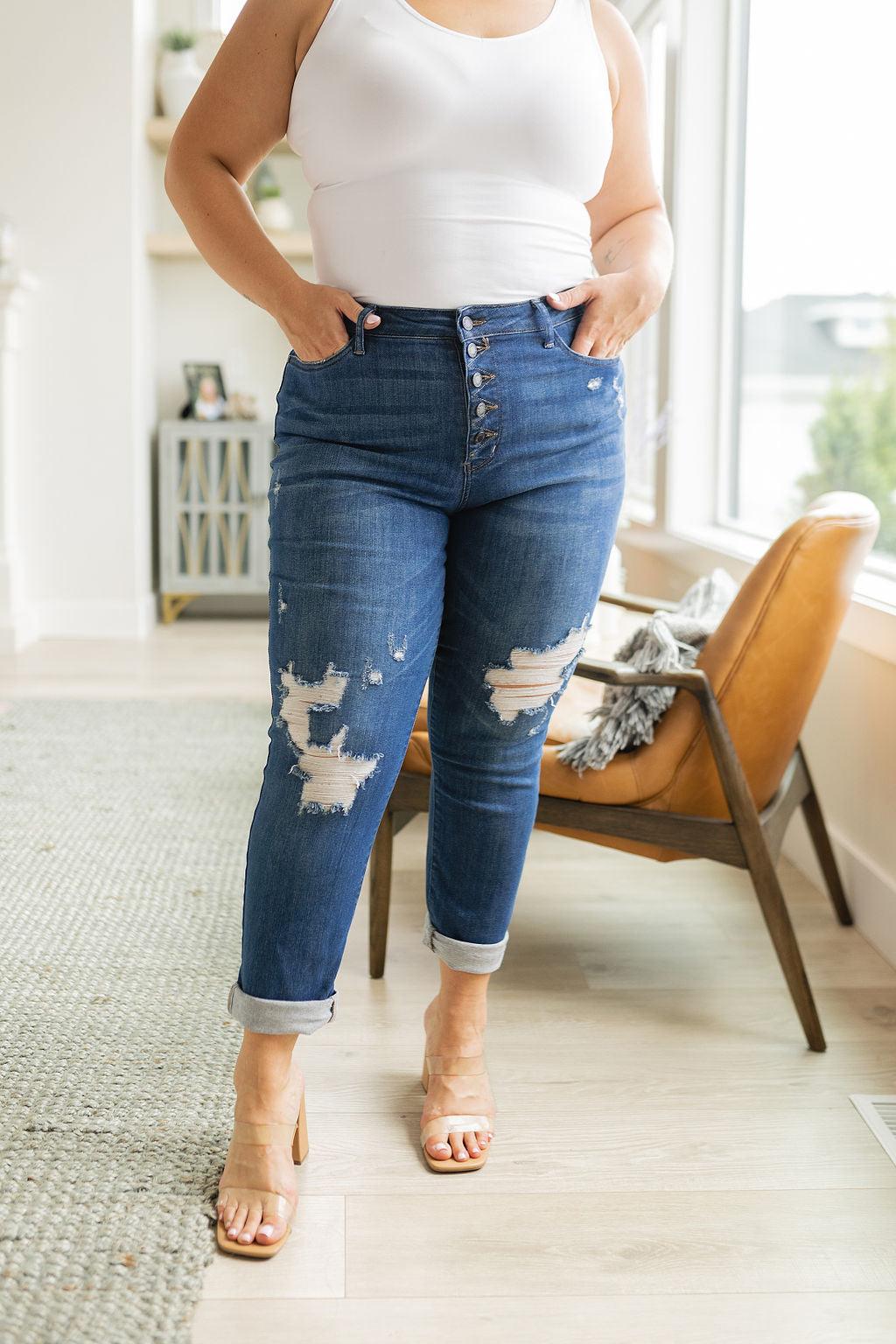 Colt High Rise Button Fly Distressed Boyfriend Jeans - Simply Graced Mama