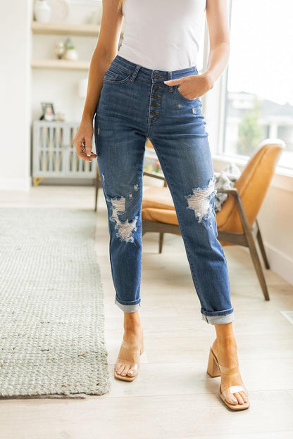 Colt High Rise Button Fly Distressed Boyfriend Jeans - Simply Graced Mama