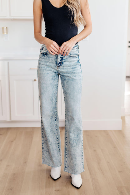 Dory High Waist Mineral Wash Raw Hem Wide Leg Jeans - Simply Graced Mama