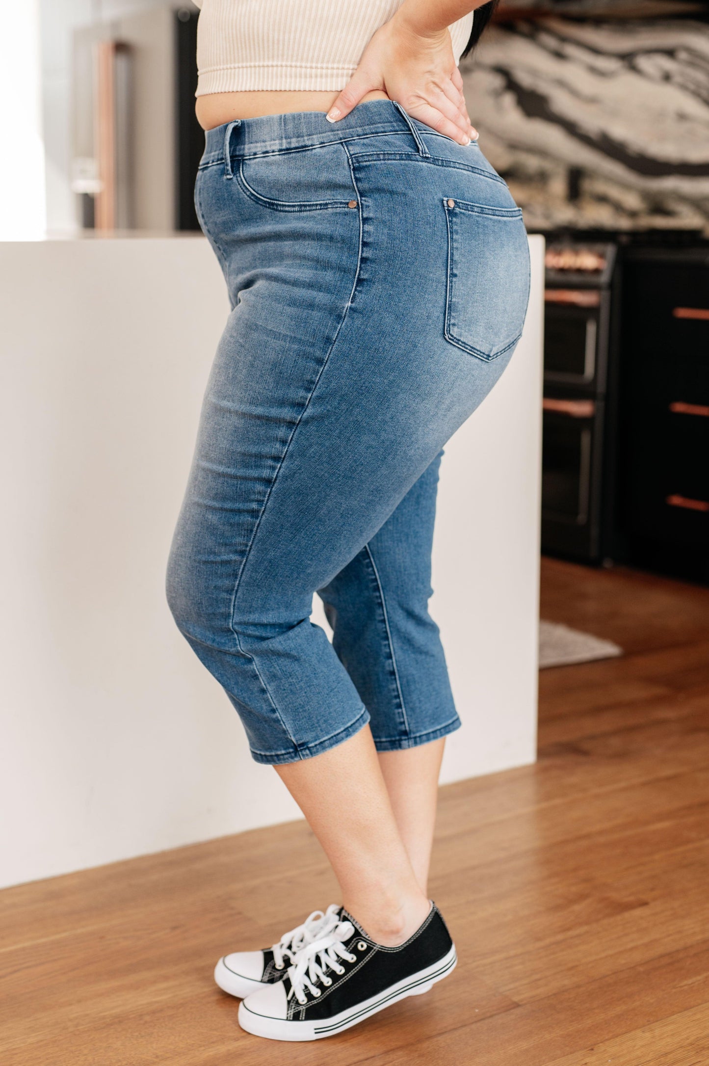 Emily High Rise Cool Denim Pull On Capri Jeans - Simply Graced Mama