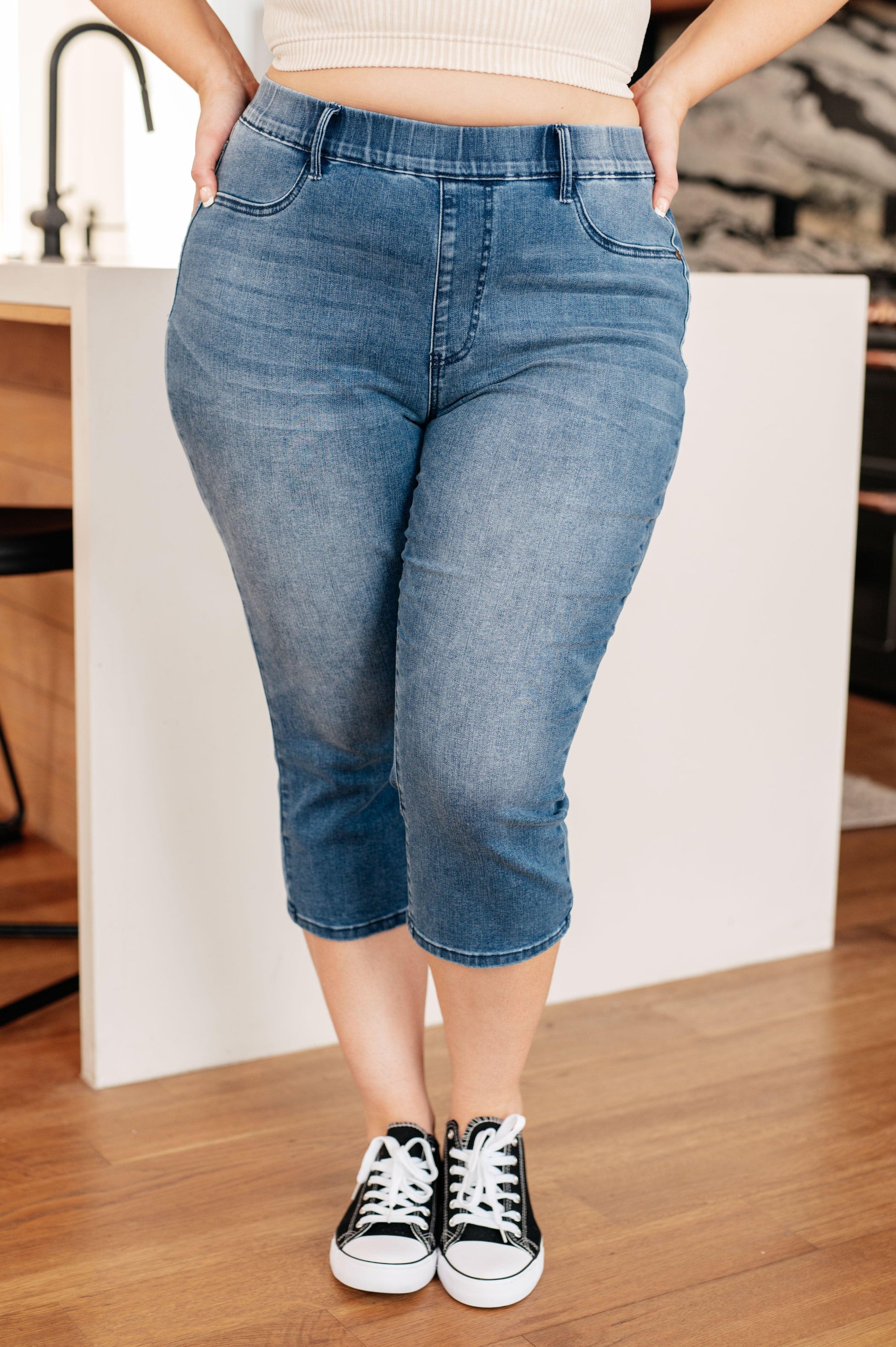 Emily High Rise Cool Denim Pull On Capri Jeans - Simply Graced Mama