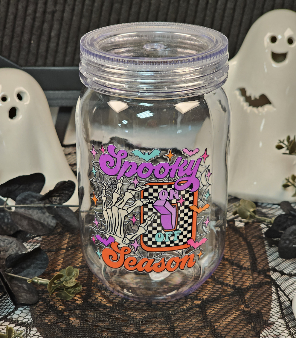 Spooky Season On Plastic Mason Jar Cup