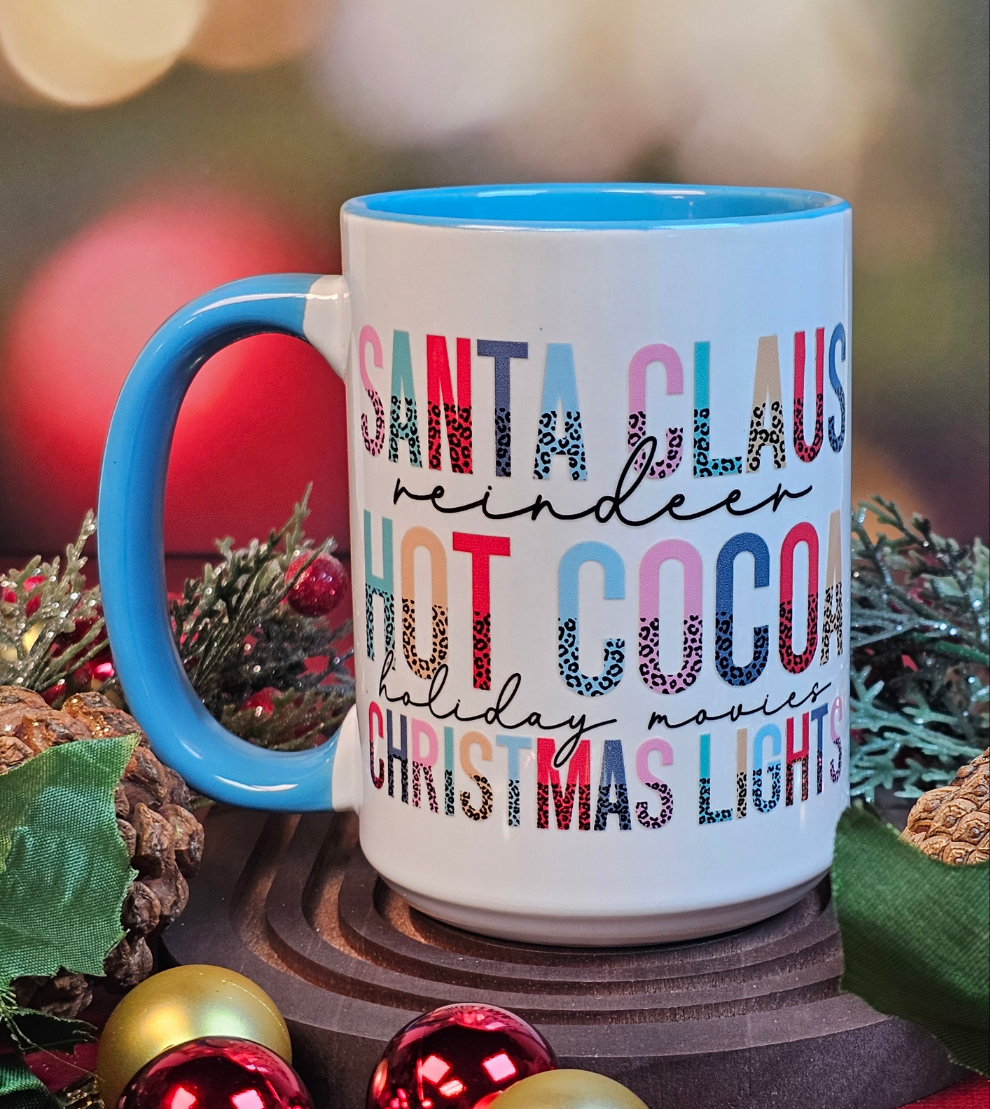 Santa Claus • Hot Cocoa • Christmas Lights Coffee Mug