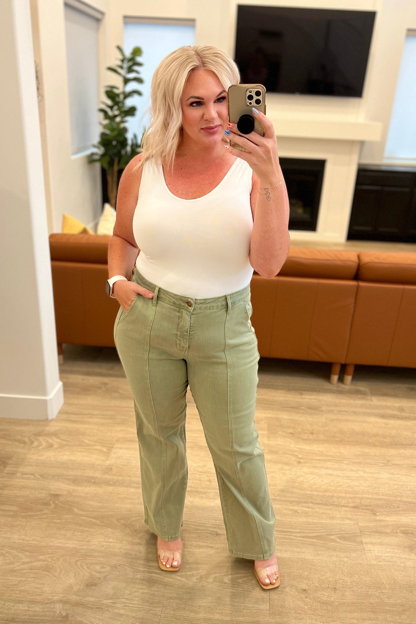 Phoebe High Rise Front Seam Straight Jeans in Sage - Simply Graced Mama