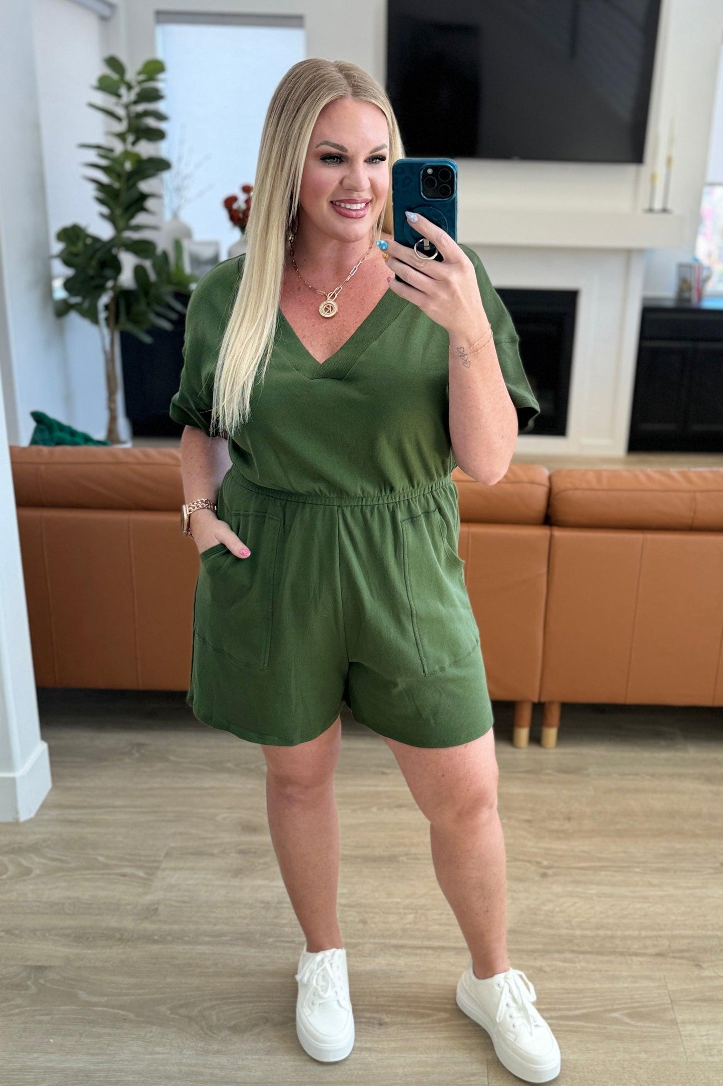 Short Sleeve V-Neck Romper in Army Green - Simply Graced Mama