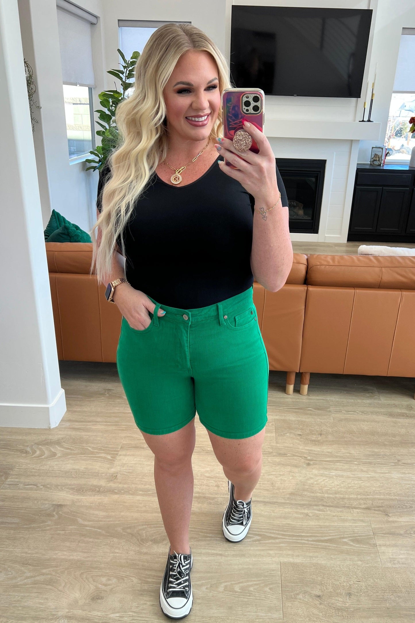 Jenna High Rise Control Top Cuffed Shorts in Green - Simply Graced Mama