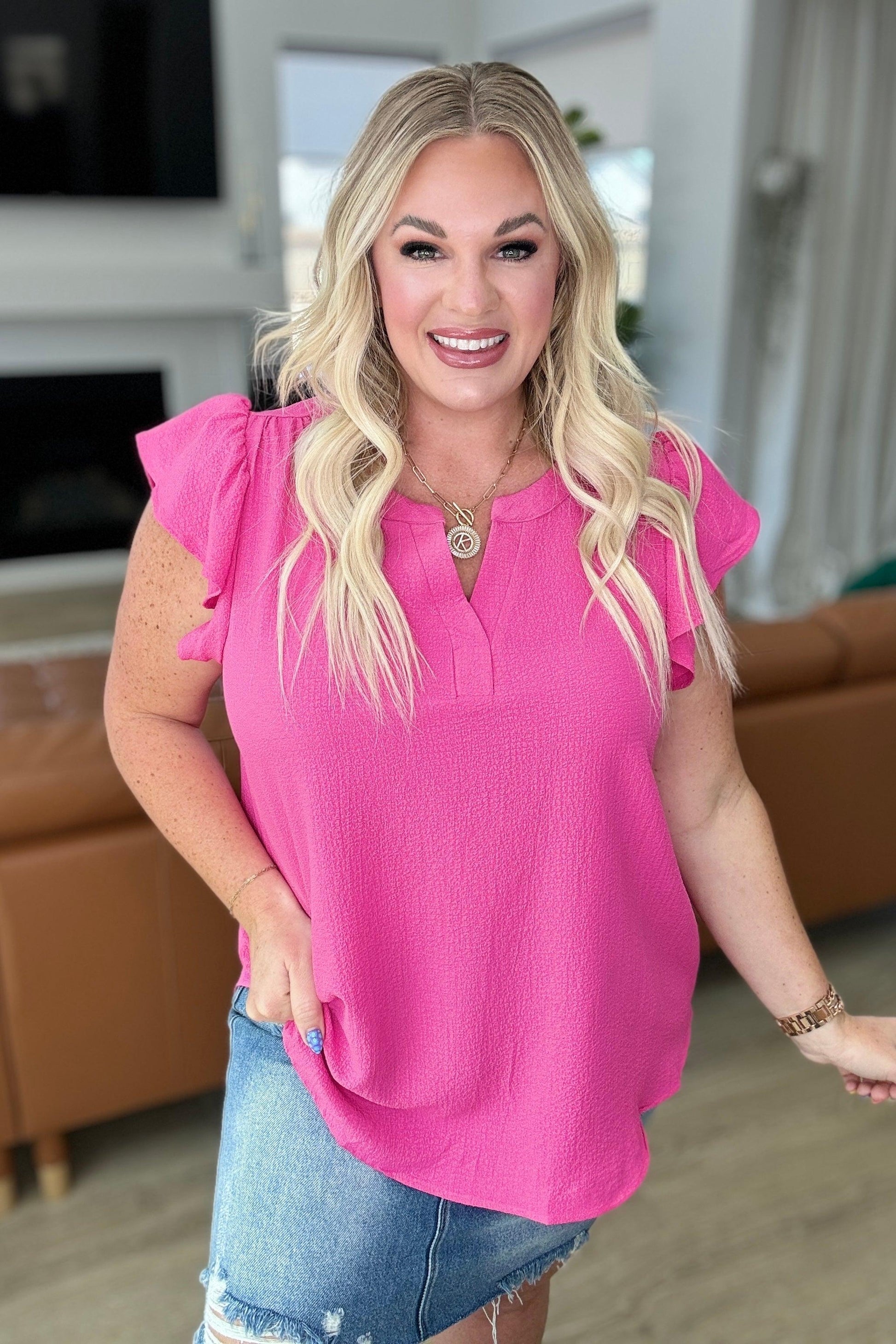 Crinkle Split Neckline Flutter Sleeve Top in Hot Pink - Simply Graced Mama