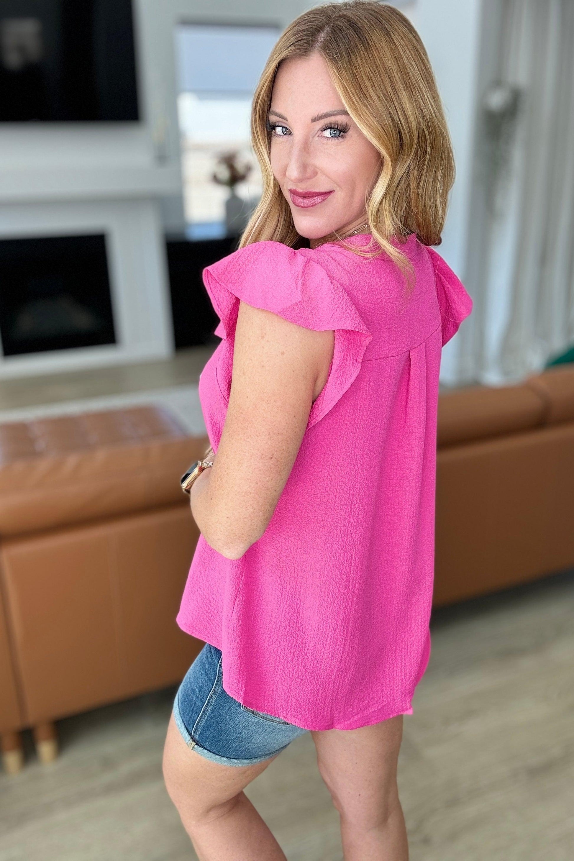 Crinkle Split Neckline Flutter Sleeve Top in Hot Pink - Simply Graced Mama