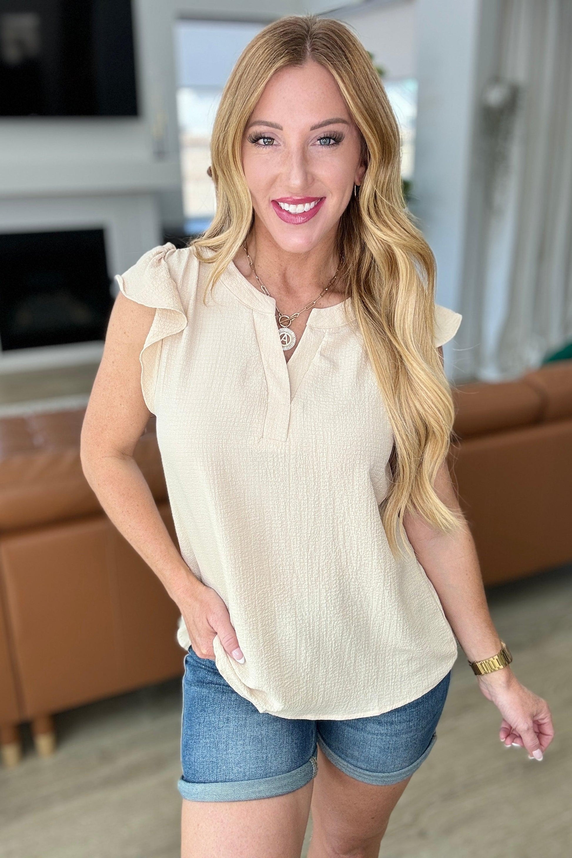 Crinkle Split Neckline Flutter Sleeve Top in Taupe - Simply Graced Mama