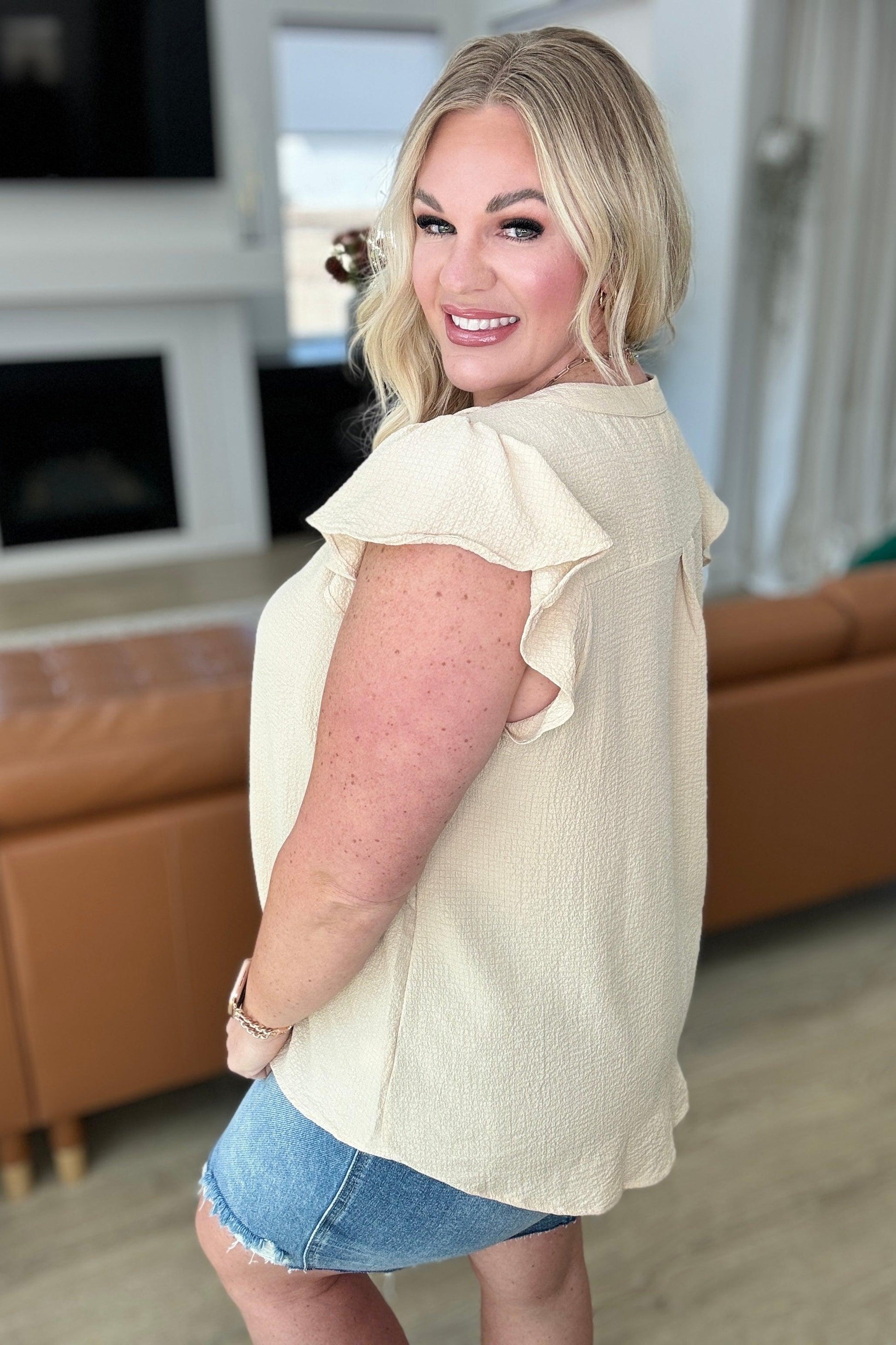 Crinkle Split Neckline Flutter Sleeve Top in Taupe - Simply Graced Mama