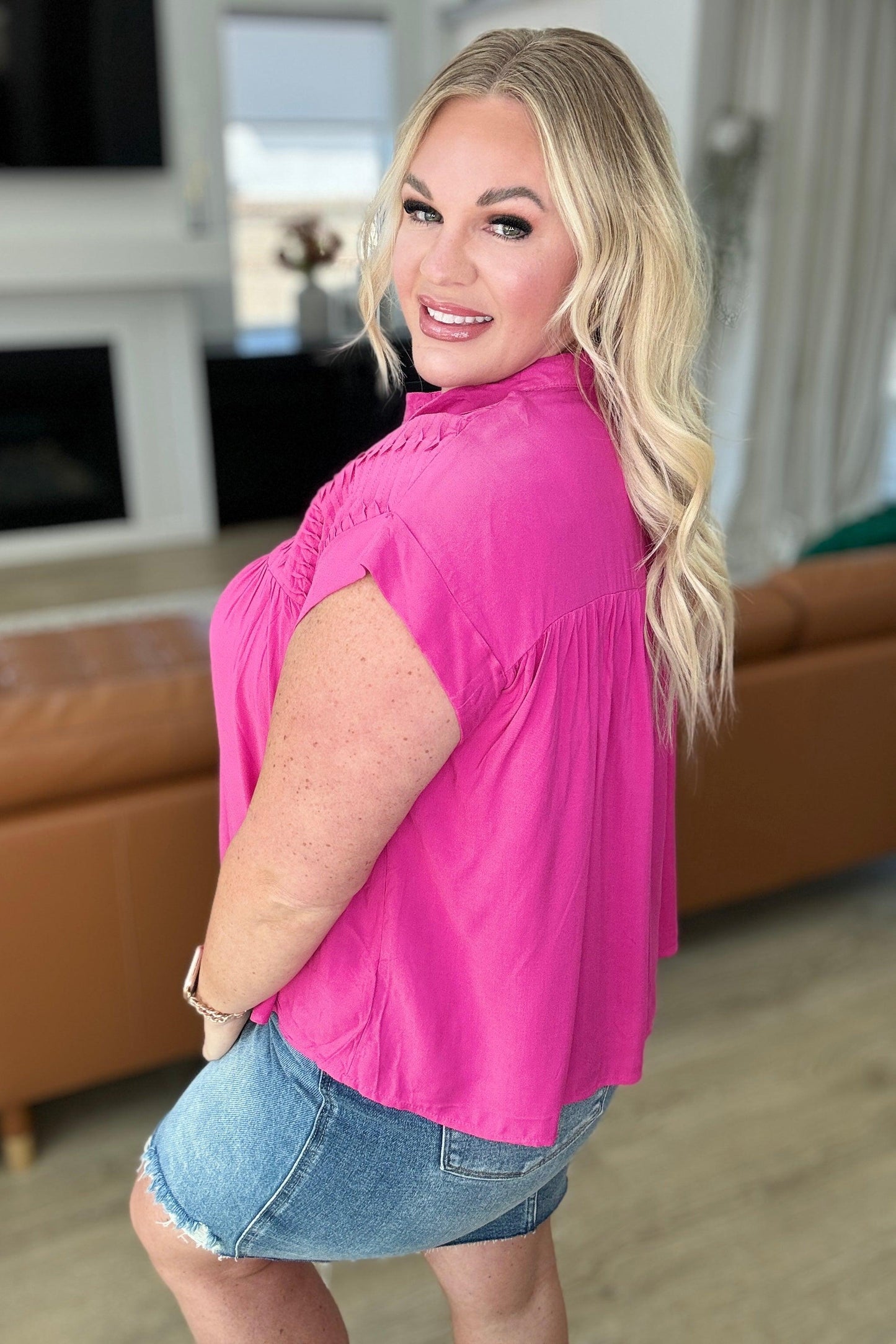 Pleat Detail Button Up Blouse in Hot Pink - Simply Graced Mama