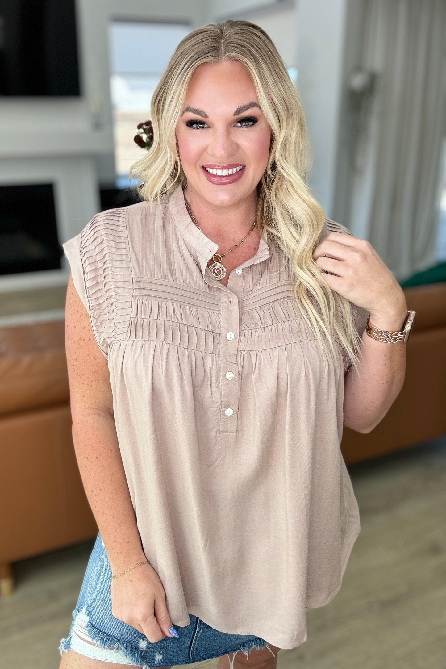 Pleat Detail Button Up Blouse in Taupe - Simply Graced Mama