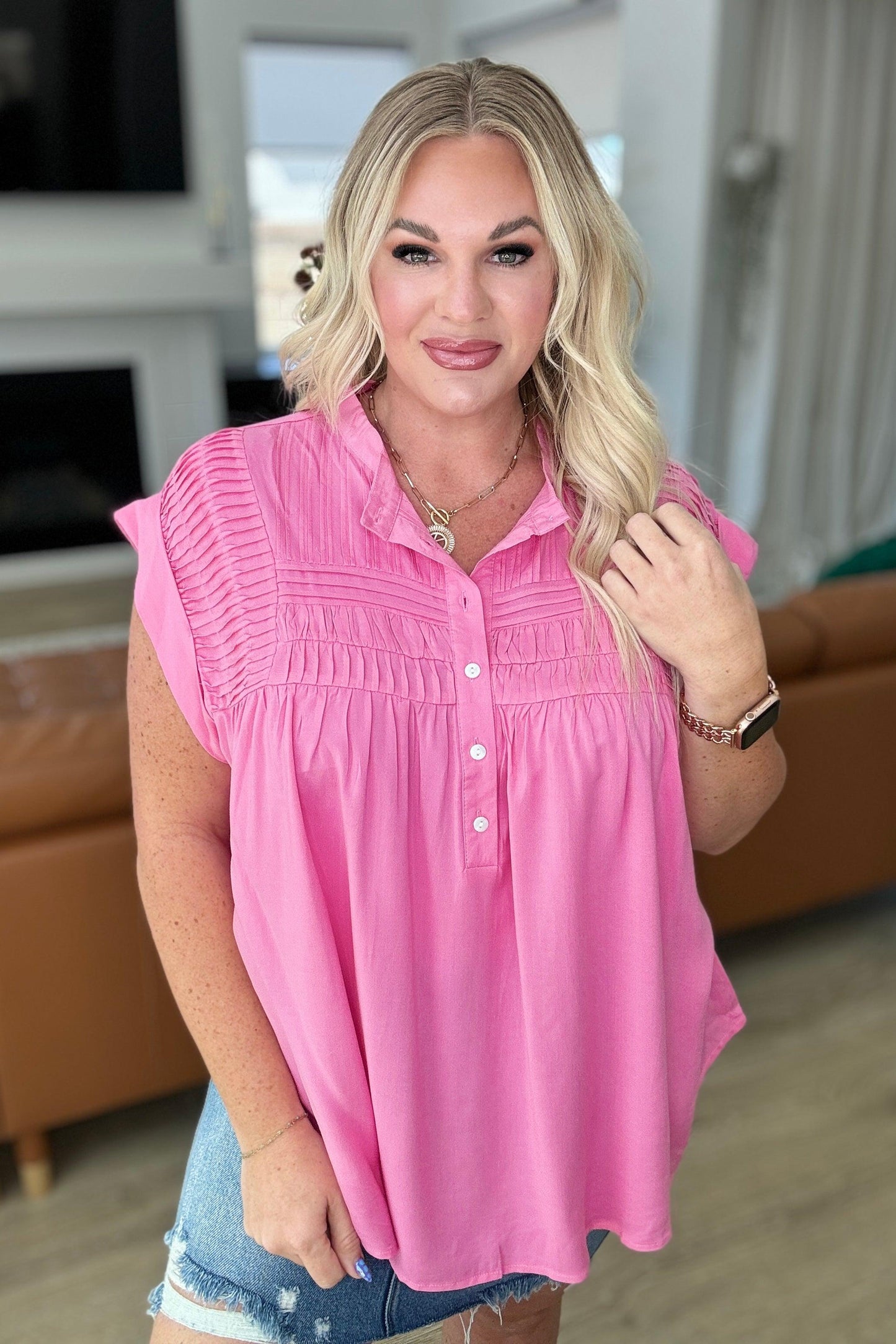 Pleat Detail Button Up Blouse in Pink Cosmos - Simply Graced Mama