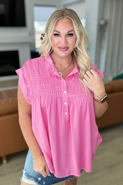 Pleat Detail Button Up Blouse in Pink Cosmos - Simply Graced Mama