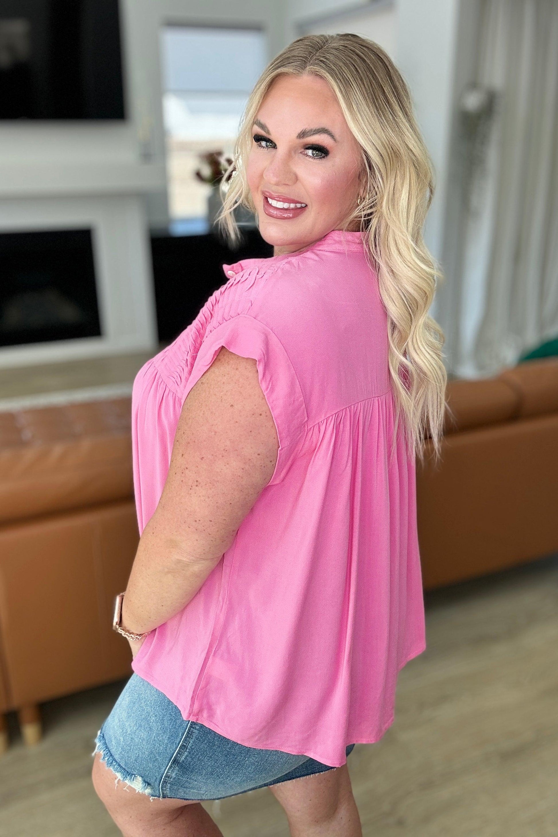 Pleat Detail Button Up Blouse in Pink Cosmos - Simply Graced Mama