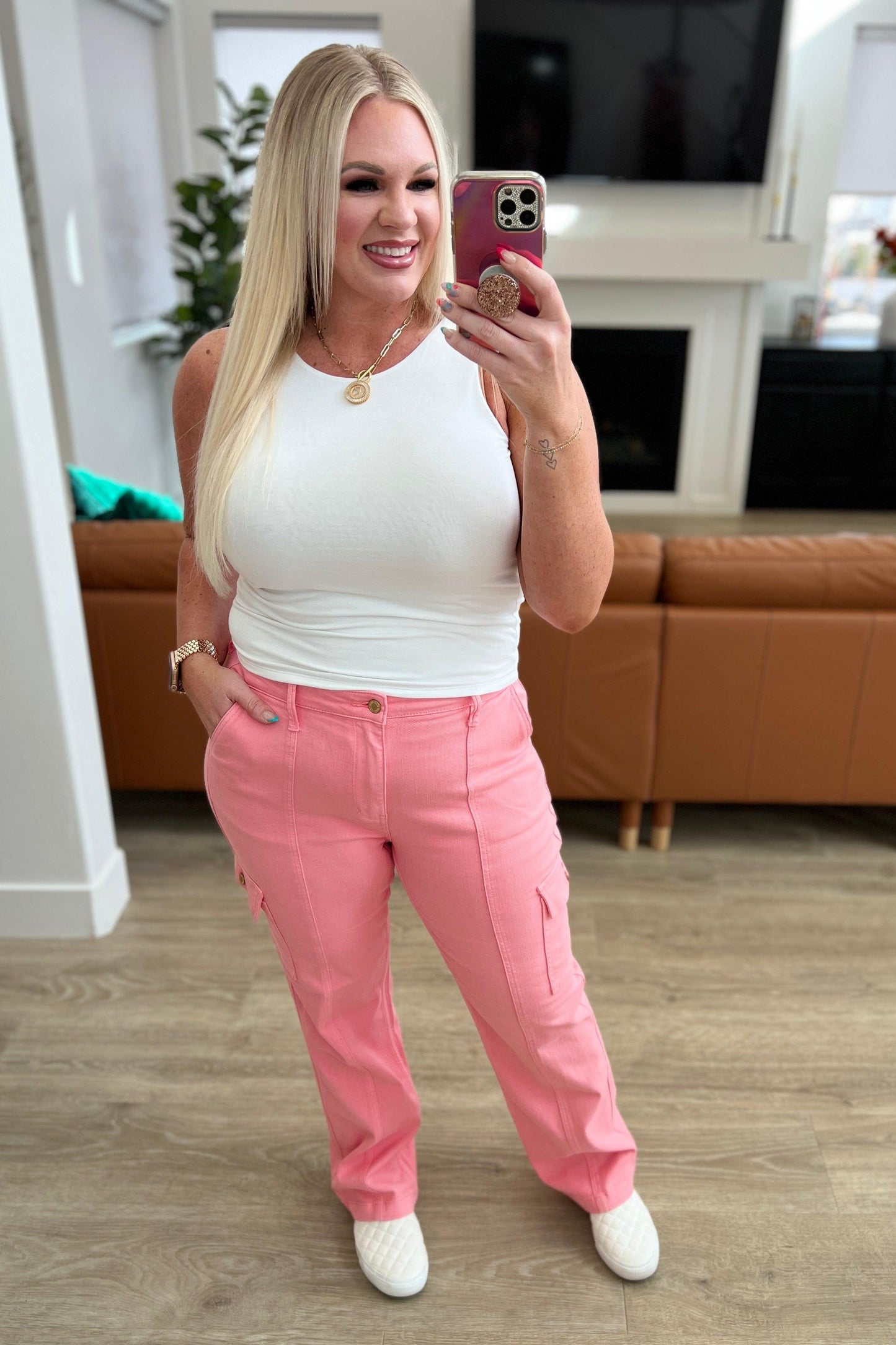 Peggy High Rise Cargo Straight Jeans in Pink - Simply Graced Mama