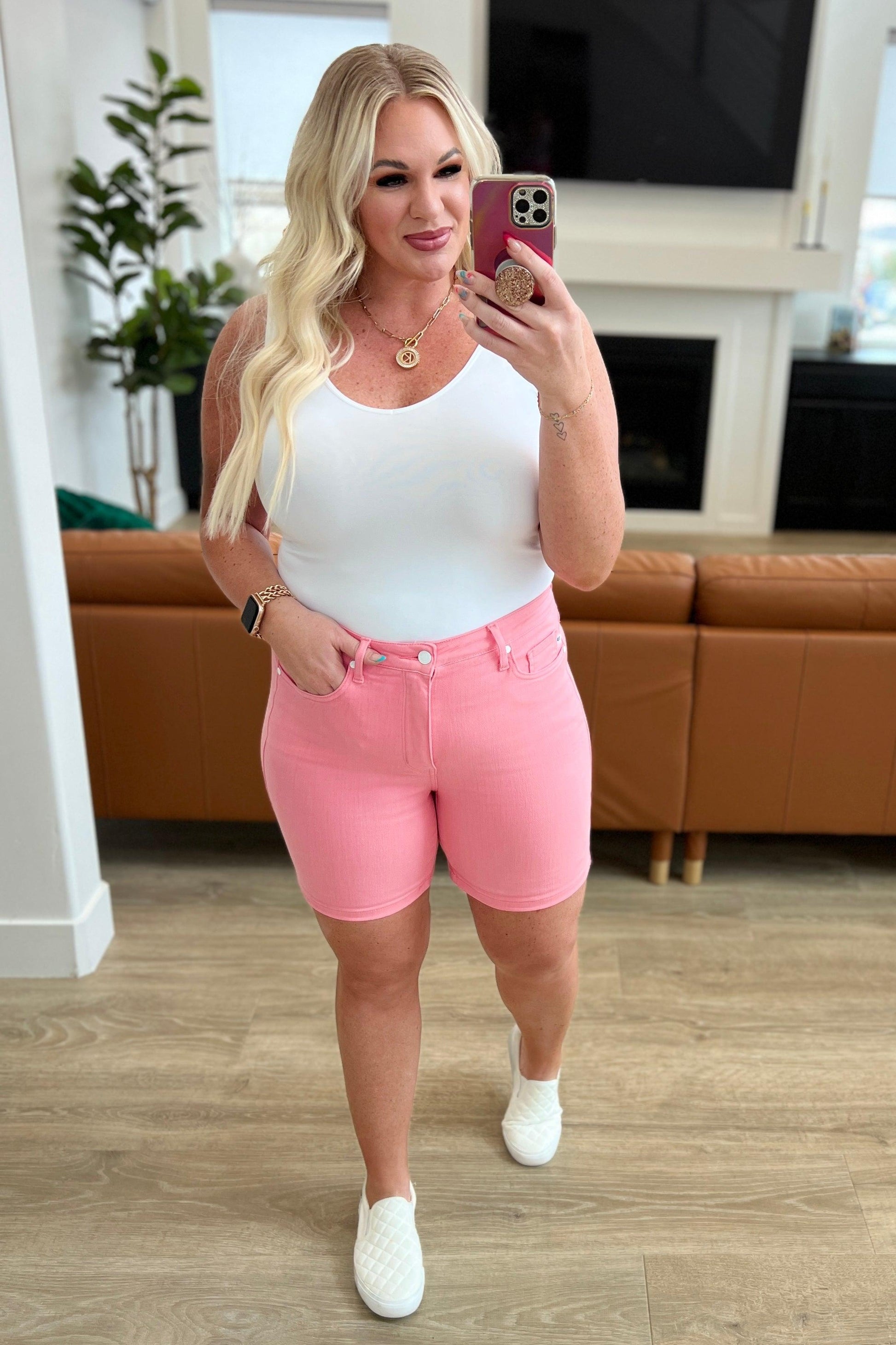 Jenna High Rise Control Top Cuffed Shorts in Pink - Simply Graced Mama