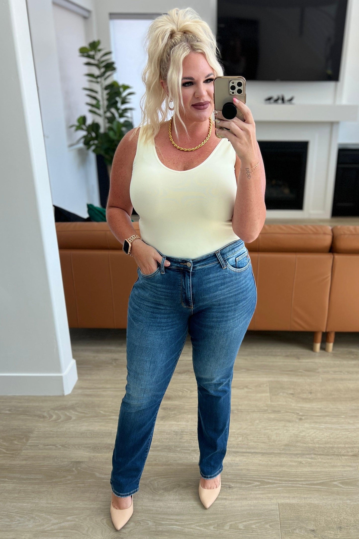 Estelle High Waist Thermal Straight Jeans - Simply Graced Mama