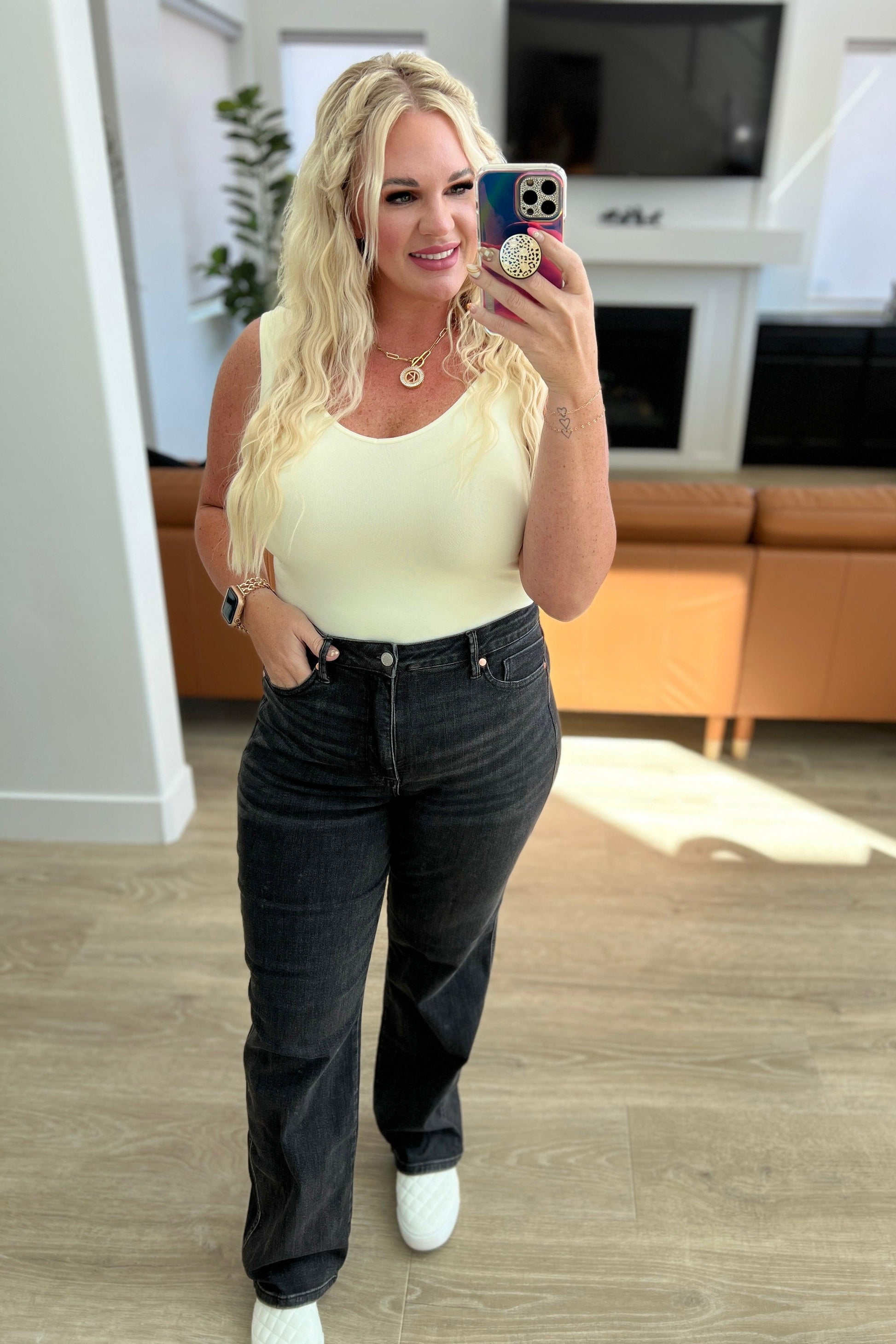 Joan High Rise Control Top Straight Jeans in Washed Black - Simply Graced Mama