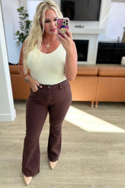 Sienna High Rise Control Top Flare Jeans in Espresso - Simply Graced Mama