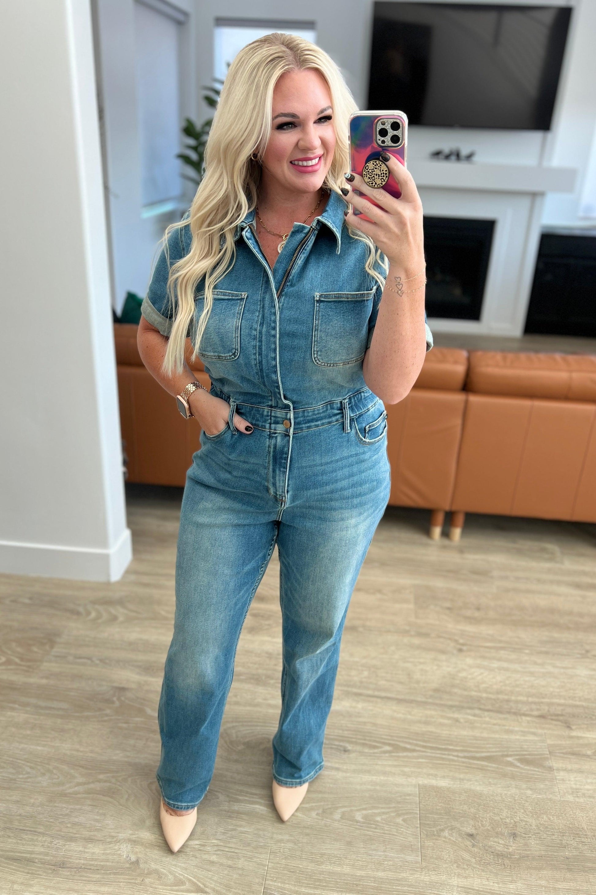 Sylvia Short Sleeve Denim Jumpsuit - Simply Graced Mama