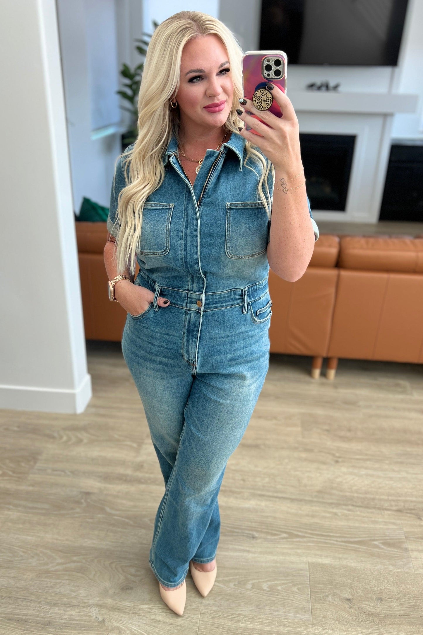 Sylvia Short Sleeve Denim Jumpsuit - Simply Graced Mama