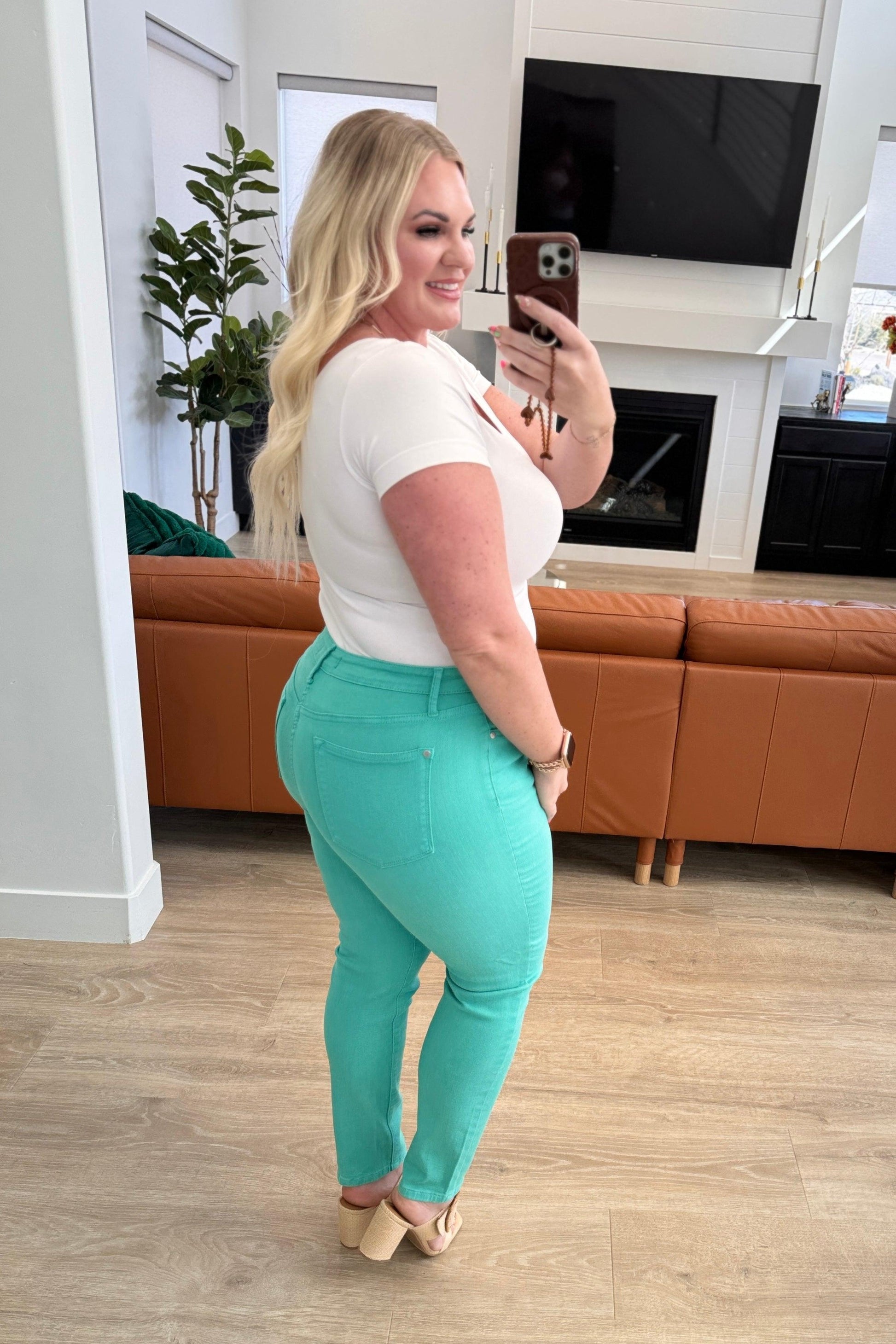 Bridgette High Rise Garment Dyed Slim Jeans in Aquamarine - Simply Graced Mama