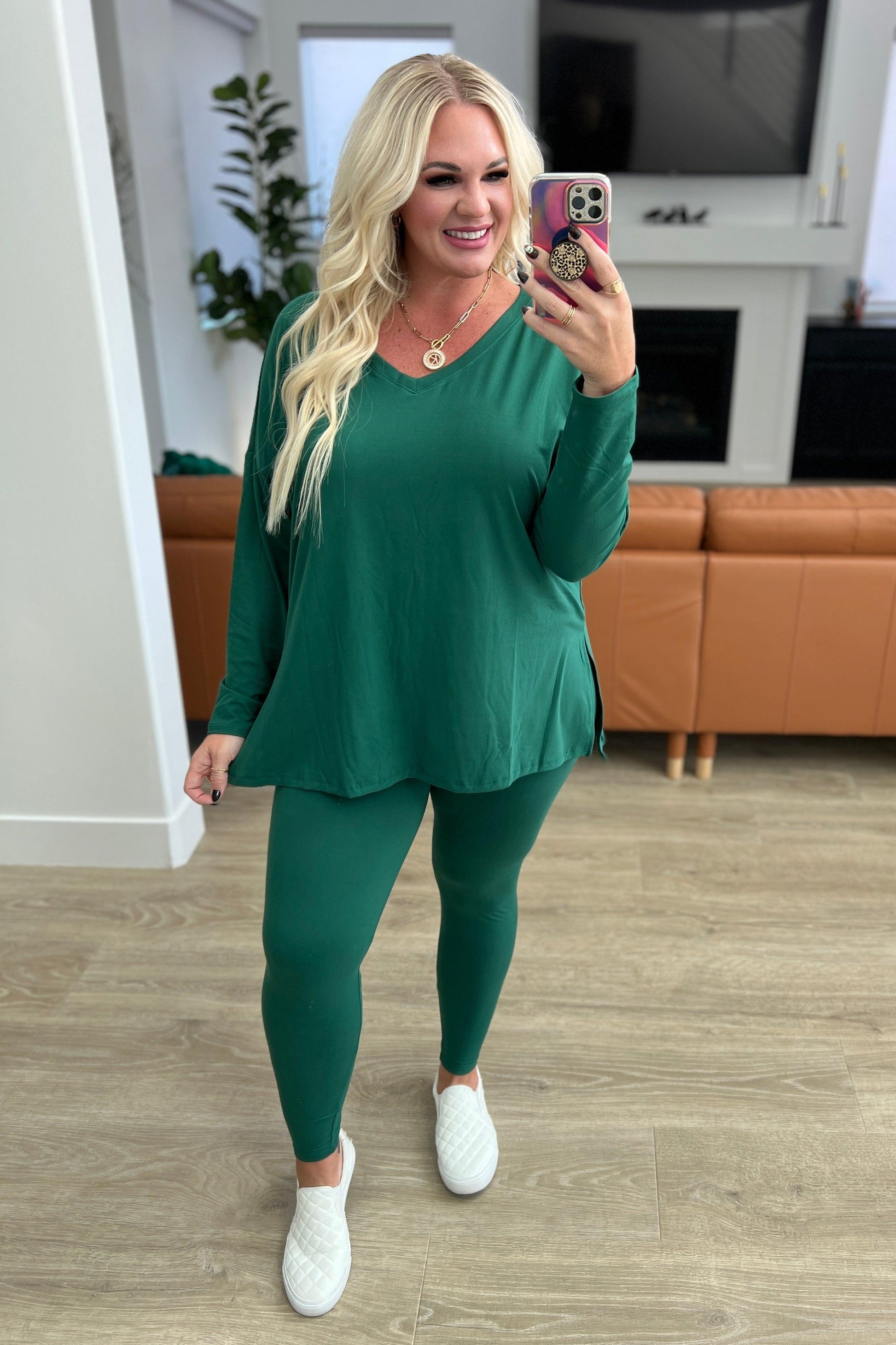 Buttery Soft V-Neck Long Sleeve Loungewear Set in Dark Green - Simply Graced Mama