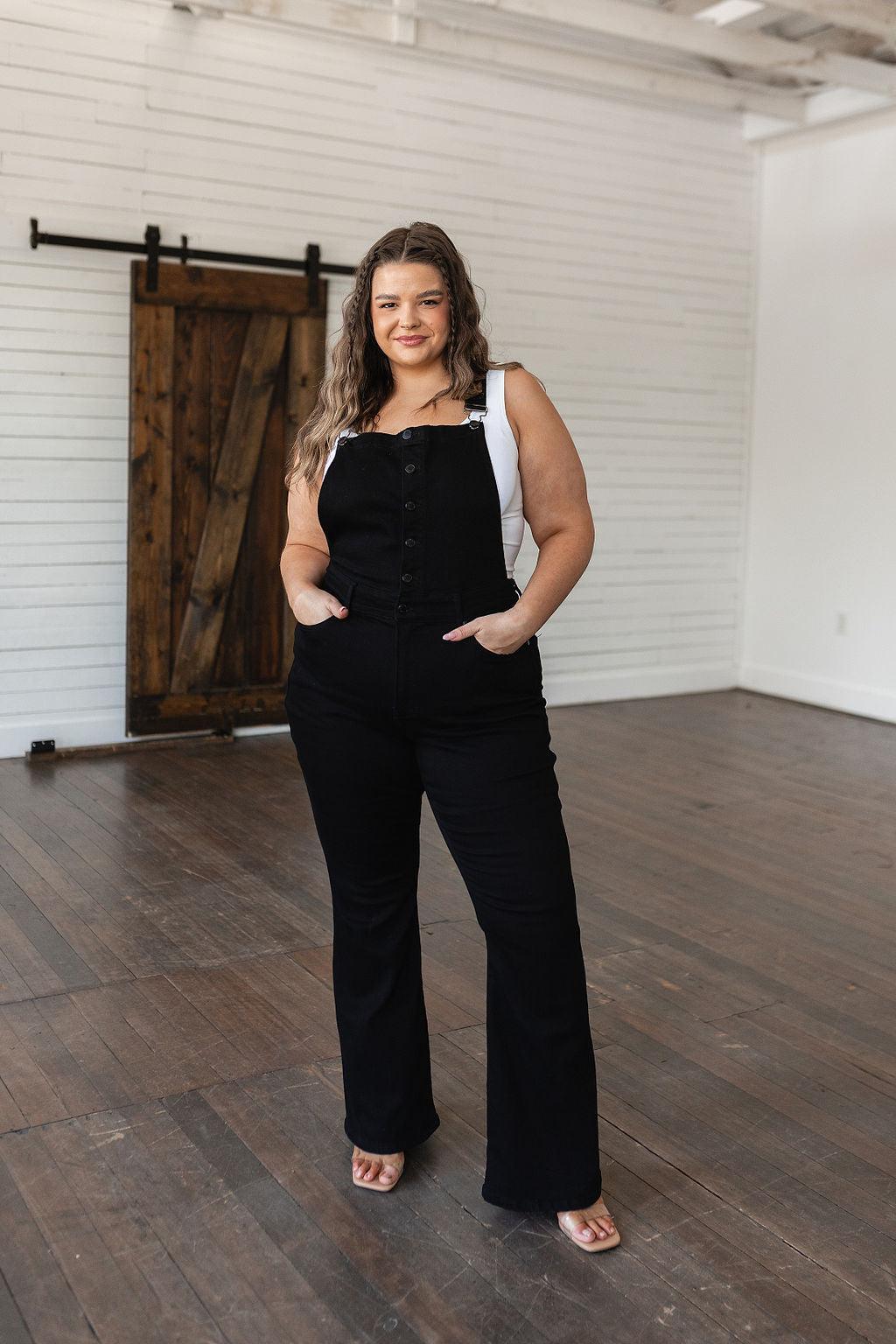 Imogene Control Top Retro Flare Overalls in Black - Simply Graced Mama