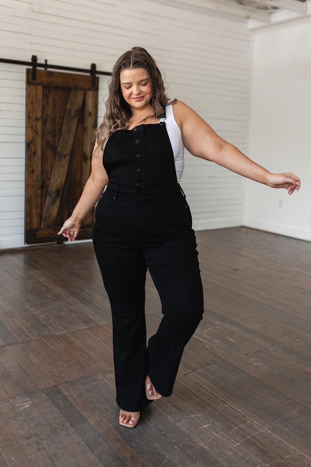 Imogene Control Top Retro Flare Overalls in Black - Simply Graced Mama