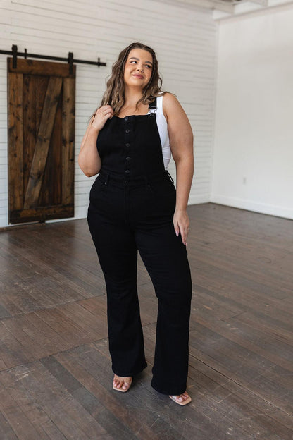 Imogene Control Top Retro Flare Overalls in Black - Simply Graced Mama