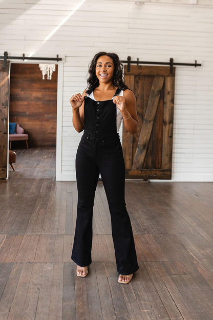 Imogene Control Top Retro Flare Overalls in Black - Simply Graced Mama