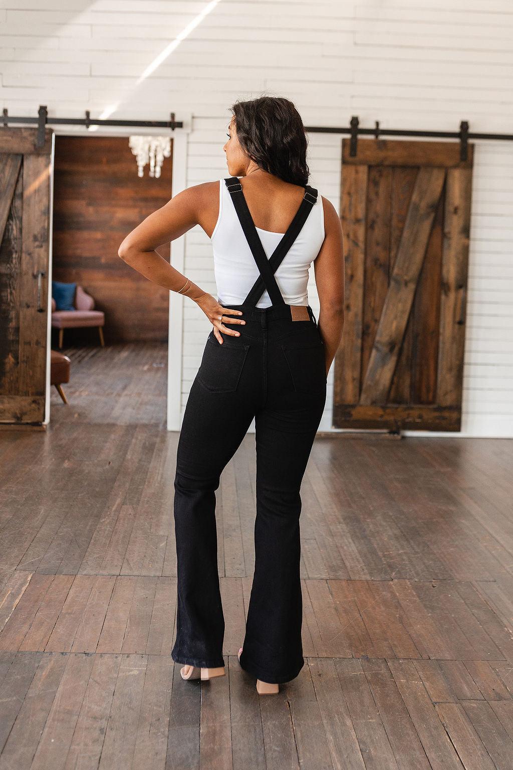 Imogene Control Top Retro Flare Overalls in Black - Simply Graced Mama