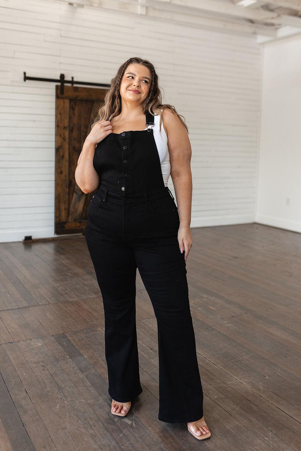 Imogene Control Top Retro Flare Overalls in Black - Simply Graced Mama