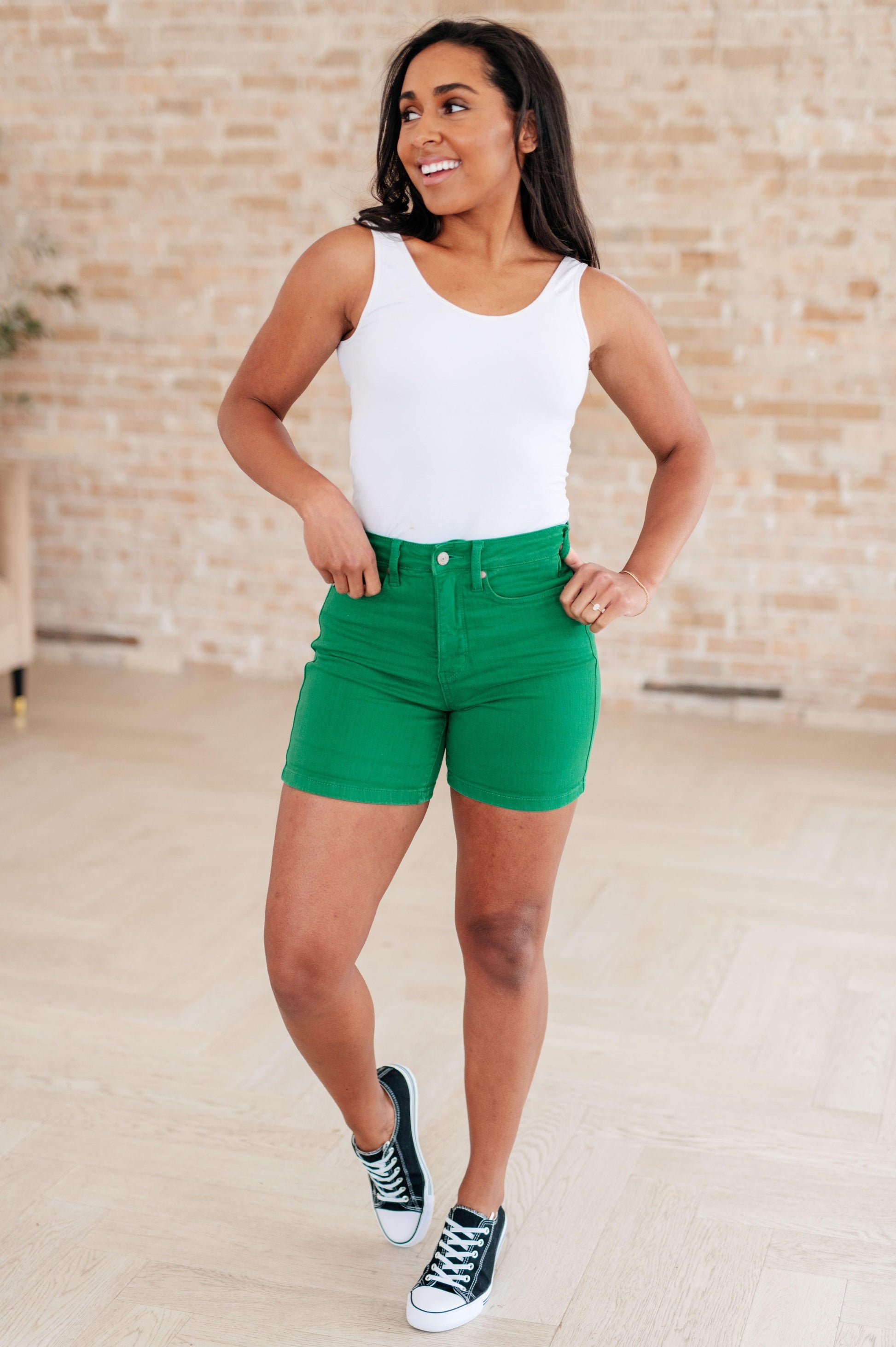 Jenna High Rise Control Top Cuffed Shorts in Green - Simply Graced Mama