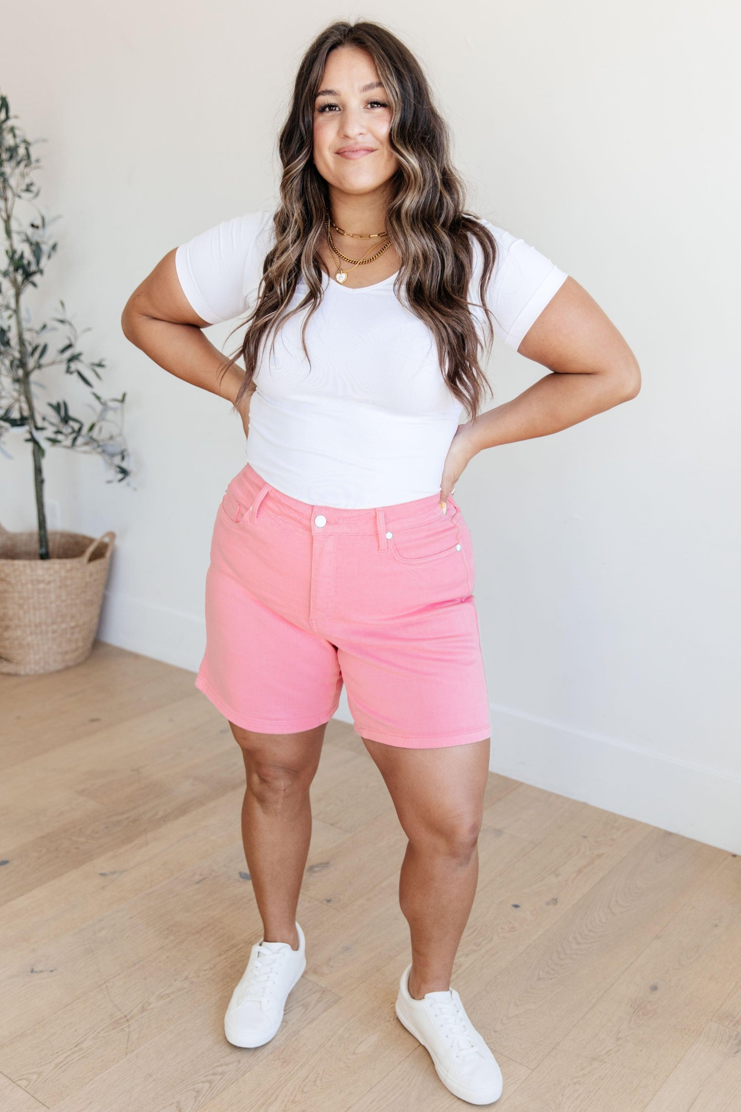 Jenna High Rise Control Top Cuffed Shorts in Pink - Simply Graced Mama