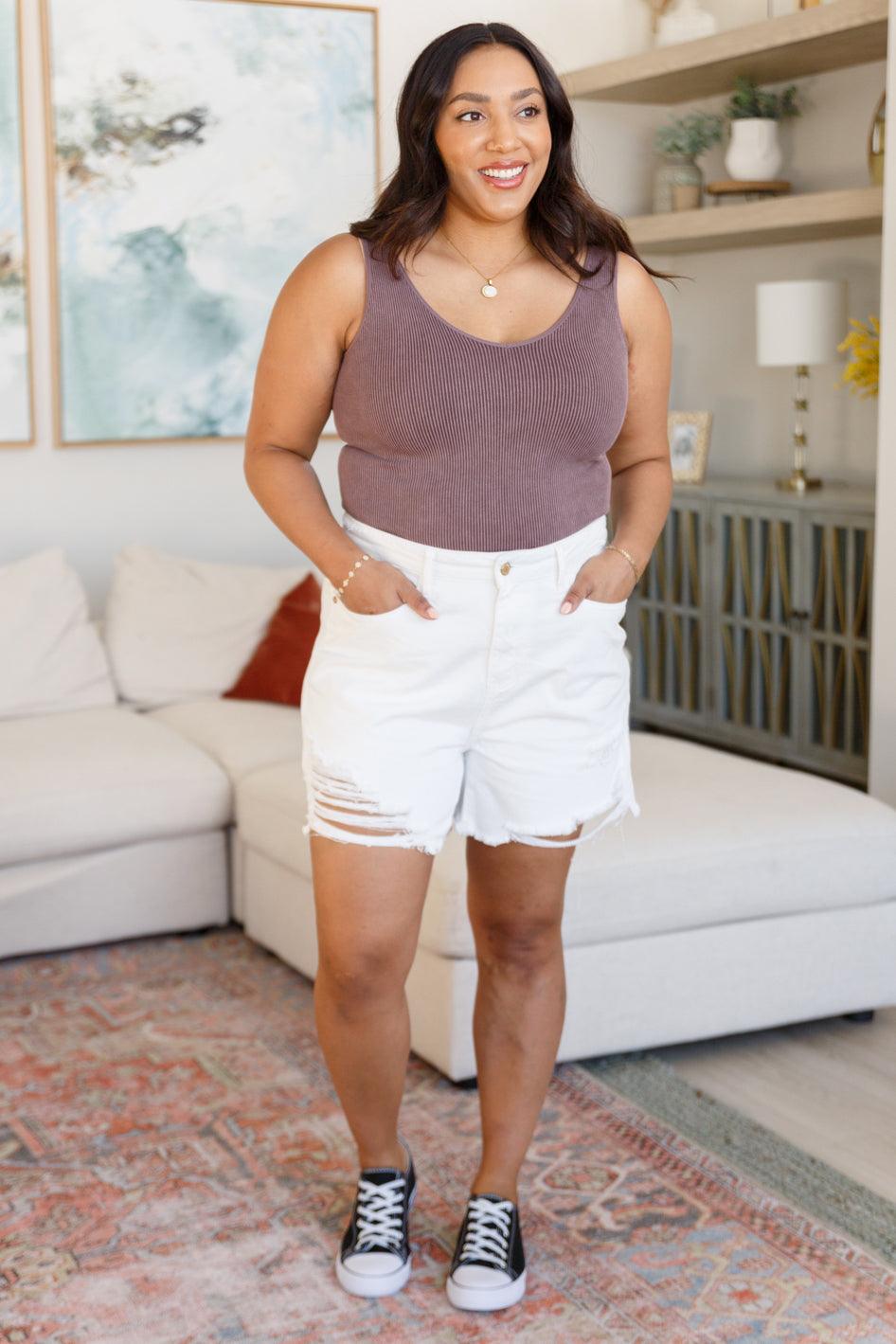 Jessie High Rise Rigid Magic Cutoff Shorts in White - Simply Graced Mama