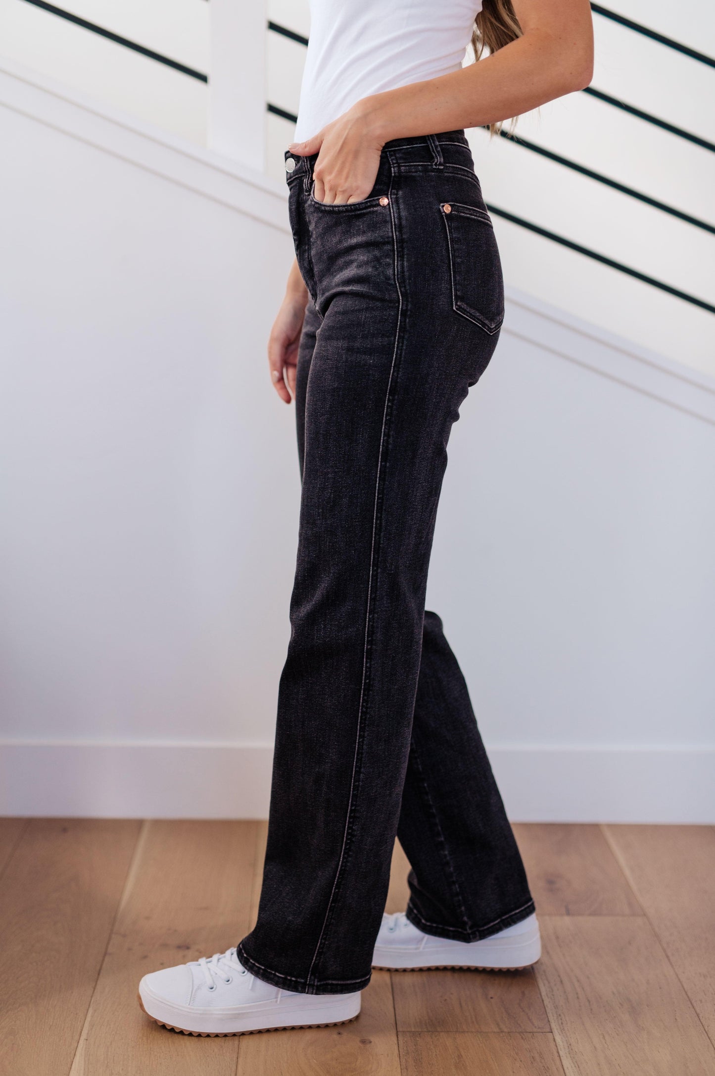 Joan High Rise Control Top Straight Jeans in Washed Black - Simply Graced Mama