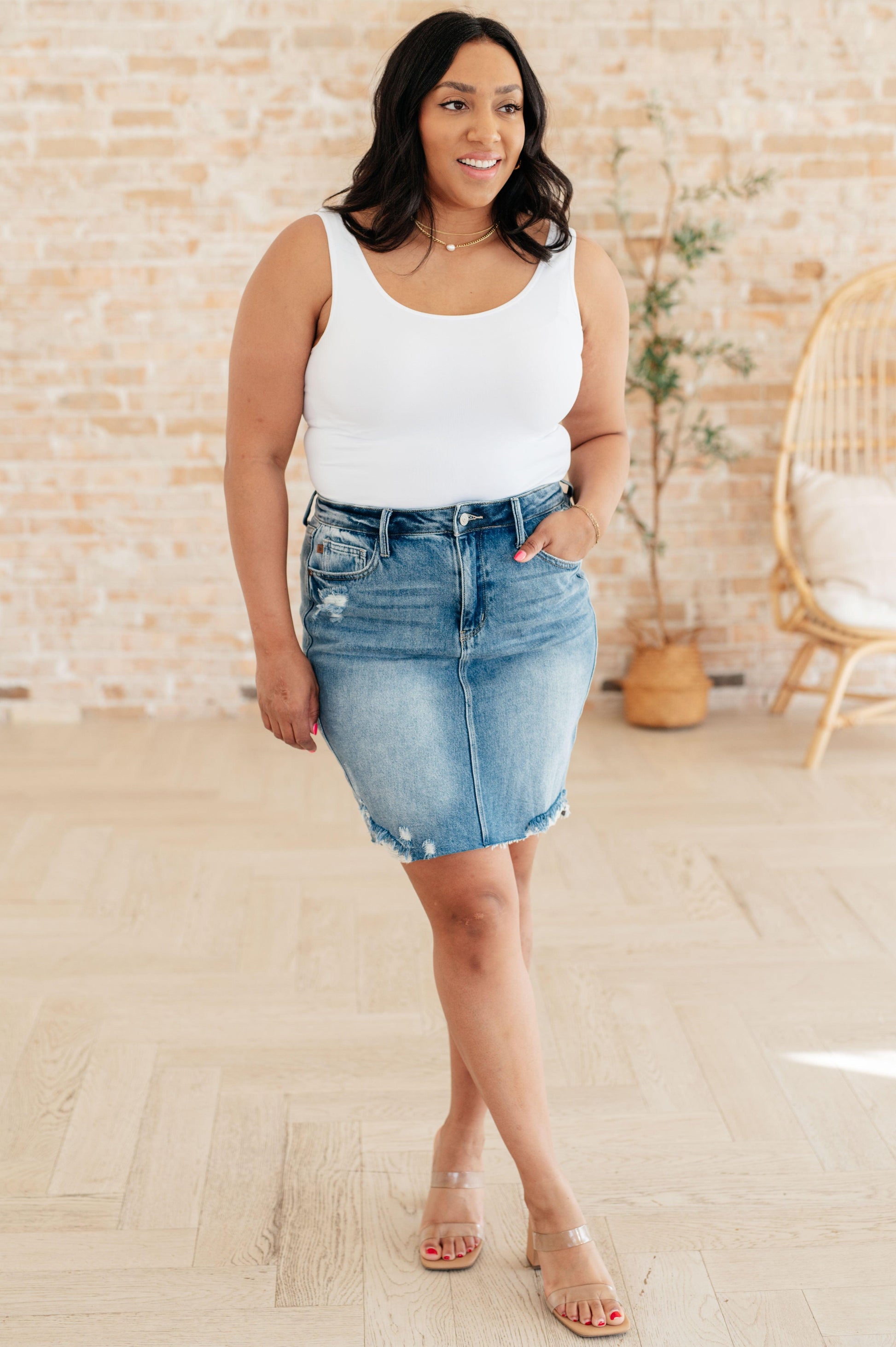 Carol High Rise Rigid Magic Denim Skirt - Simply Graced Mama