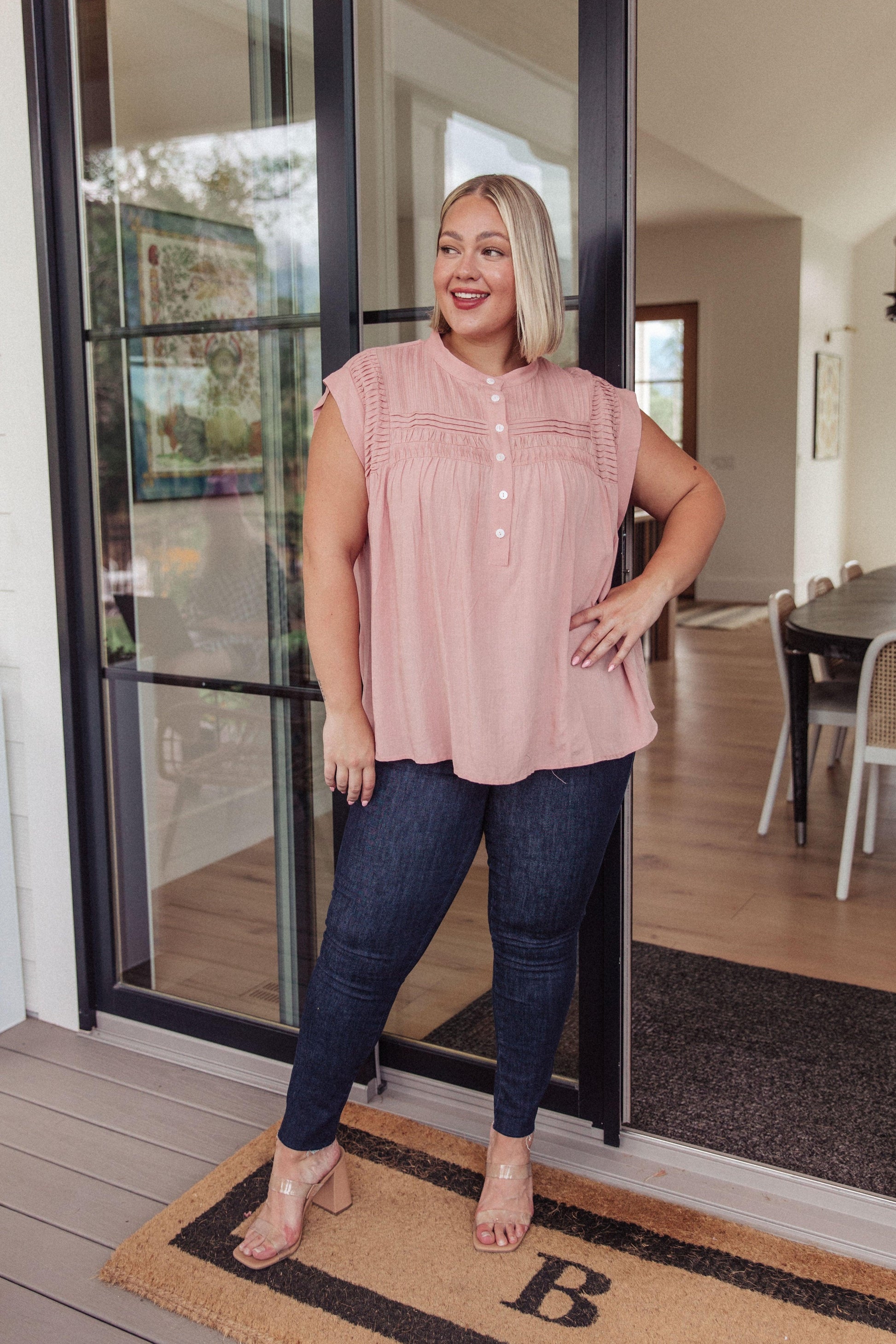 Pleat Detail Button Up Blouse in Pink - Simply Graced Mama