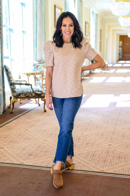 Kelsi Jacquard Puff Sleeve Top In Tan - Simply Graced Mama