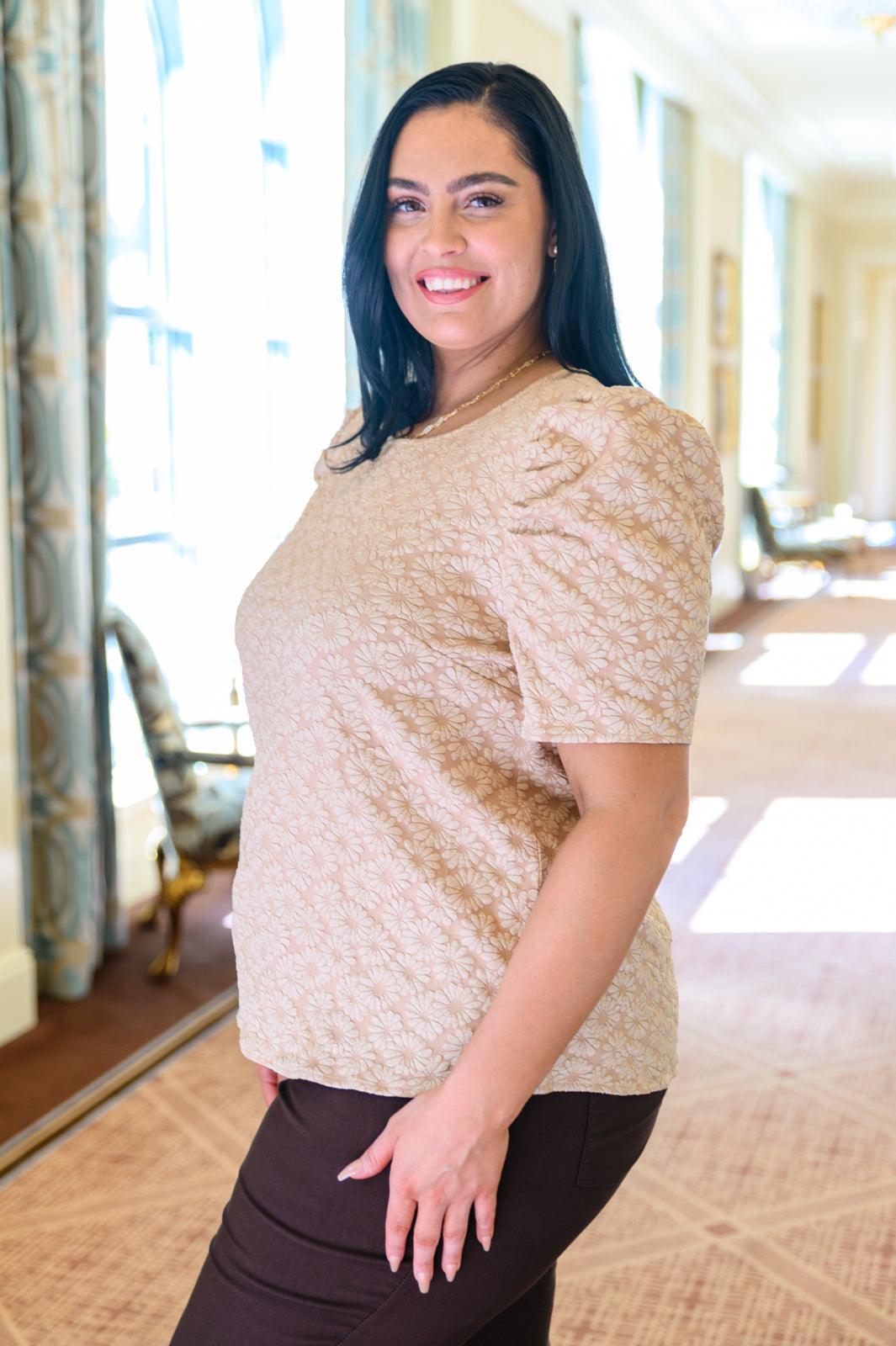 Kelsi Jacquard Puff Sleeve Top In Tan - Simply Graced Mama