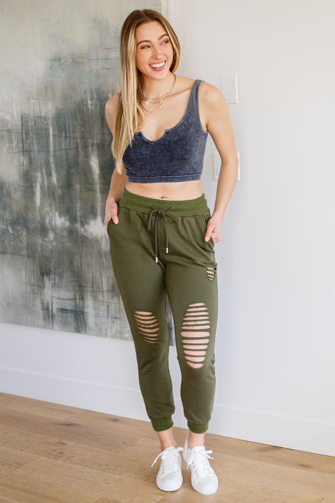 Kick Back Distressed Joggers in Olive - Simply Graced Mama