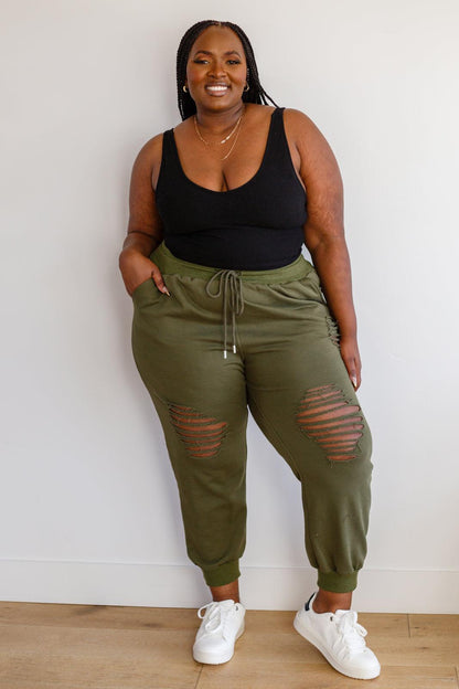 Kick Back Distressed Joggers in Olive - Simply Graced Mama