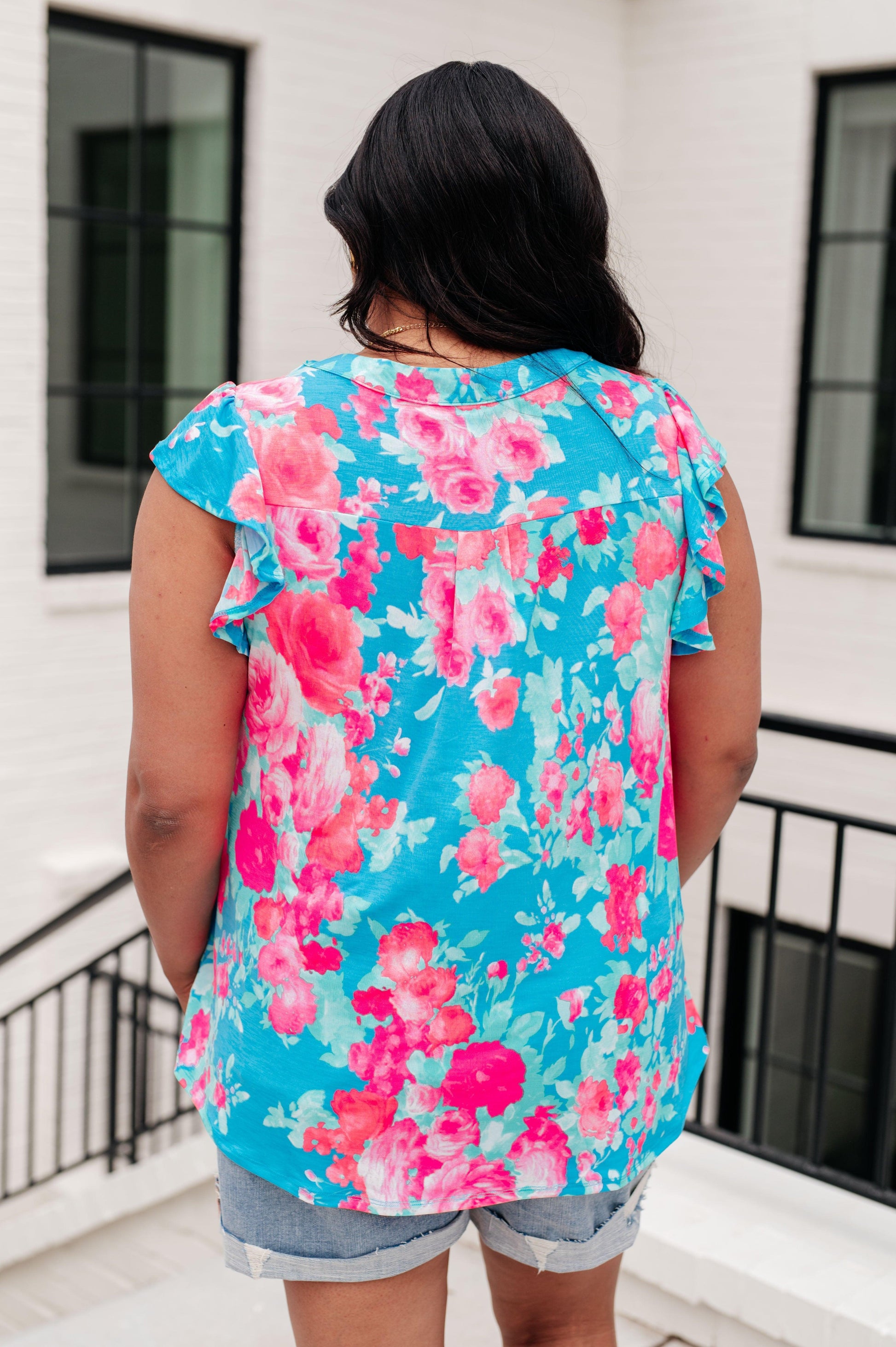 Lizzy Flutter Sleeve Top in Blue and Pink Roses - Simply Graced Mama