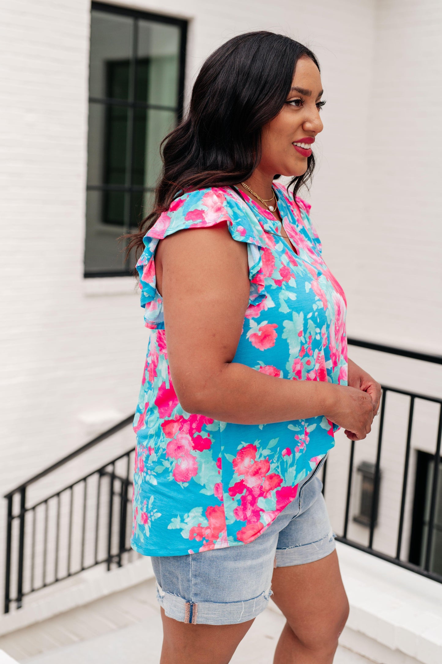 Lizzy Flutter Sleeve Top in Blue and Pink Roses - Simply Graced Mama