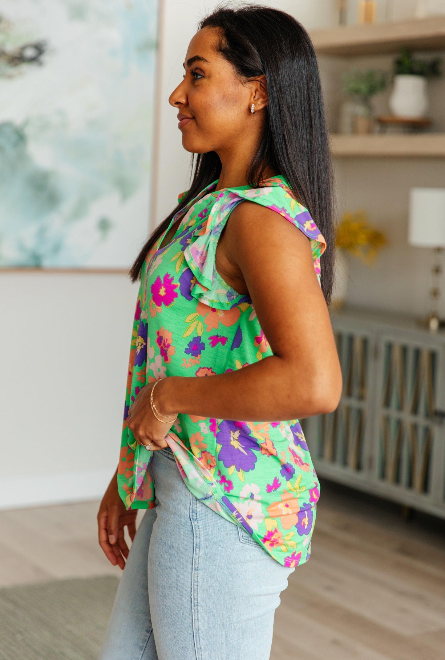 Lizzy Flutter Sleeve Top in Emerald and Purple Floral - Simply Graced Mama