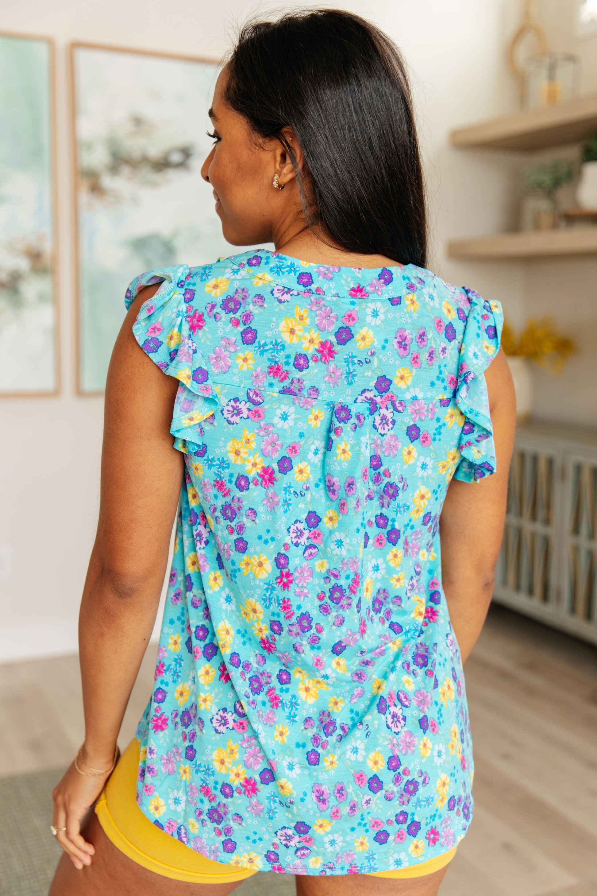 Lizzy Flutter Sleeve Top in Teal and Purple Floral - Simply Graced Mama