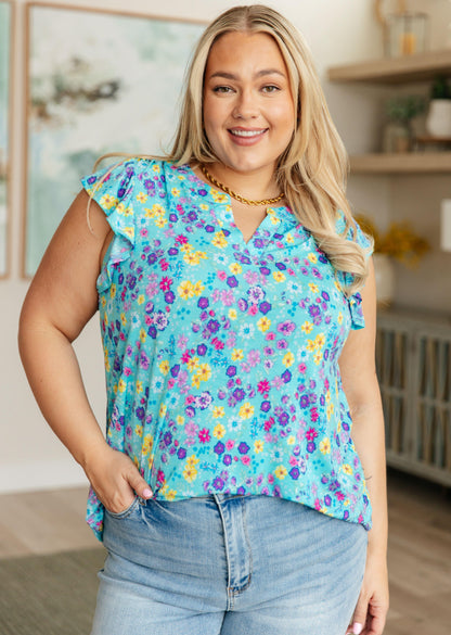 Lizzy Flutter Sleeve Top in Teal and Purple Floral - Simply Graced Mama