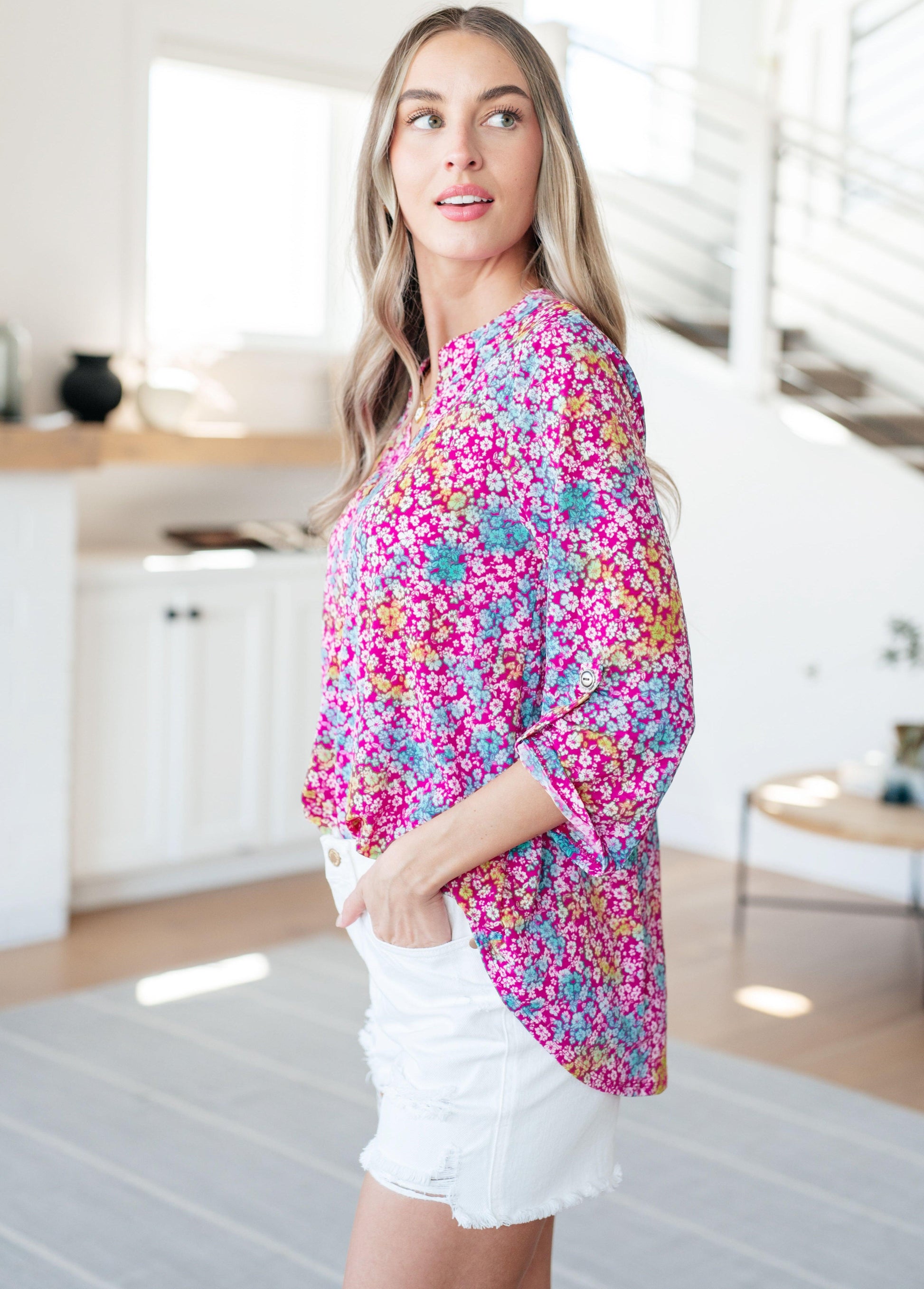 Lizzy Top in Pink and Aqua Ditsy Floral - Simply Graced Mama